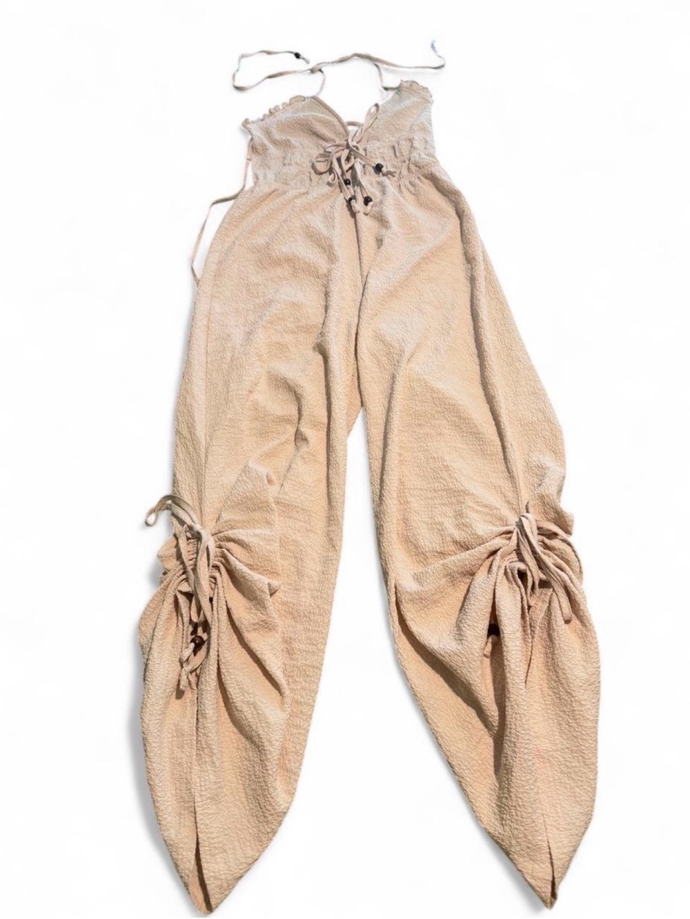Beige Halter Lace-Up Wide Leg Jumpsuit